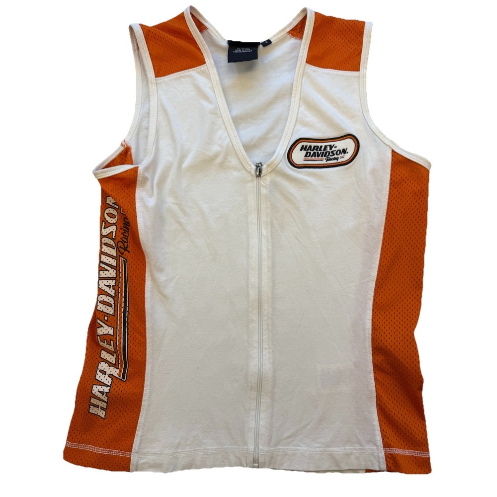 Harley Davidson Women's Vest White/Orange Full Zip Sz S Sleeveless Embroidered